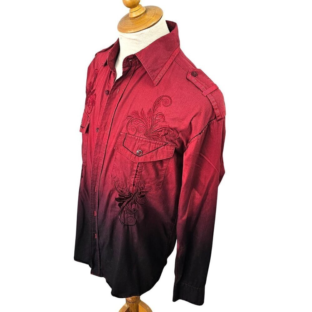 Y2K Lamasini Mens S Red Black Ombre Western Shirt Embroidered Pearl Snap Cotton